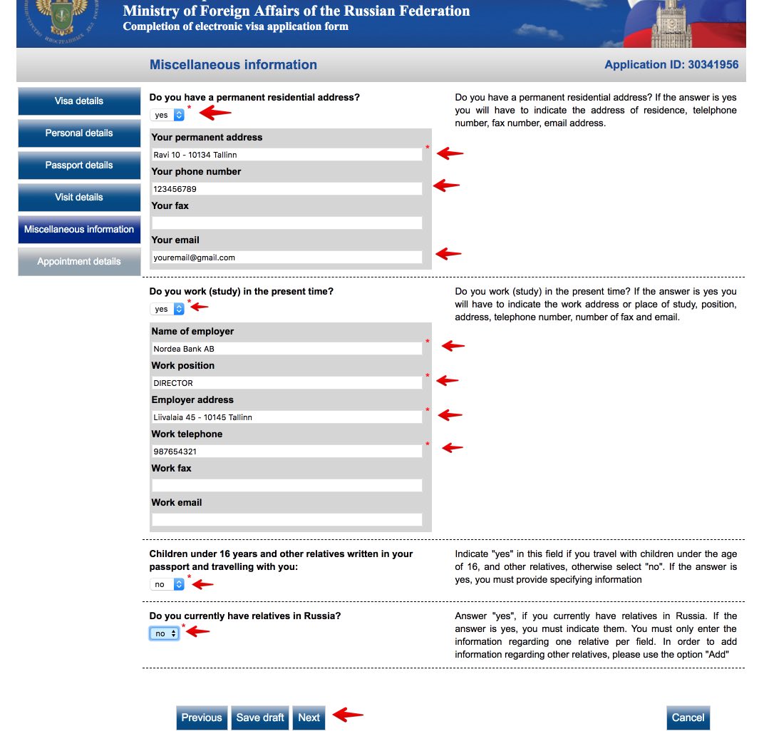Preenchimento de Questionario electronico de visto russo 7